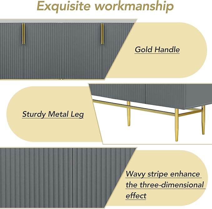 60" Modern 4-Door Elegant Sideboard with Gold Metal Handles and Legs,Storage Buffet Cabinet,W/Adjustable Shelves & Open Countertop,Console Table for Dining Living Room Hallway,Gray - LeafyLoom