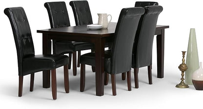 SIMPLIHOME Cosmopolitan Transitional 7 Pc Dining Set with 6 Upholstered Dining Chairs in Midnight Black Vegan Faux Leather and 66 Inch Wide Table, For the Dining Room and Kitchen - LeafyLoom