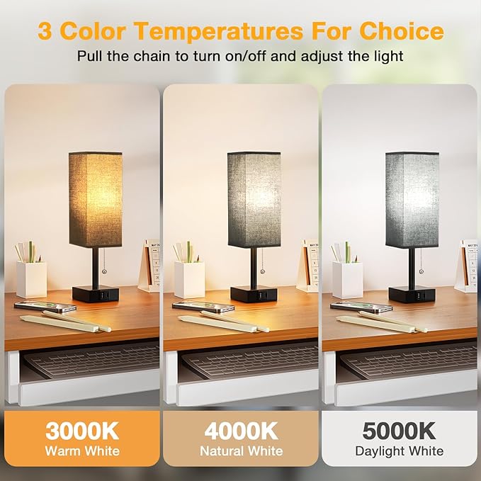 Black Small Table Lamp for Bedroom - 3 Color Temperature 3000K 5000K 4000K Bedside Lamp, Pull Chain Control, USB A and C Charging Ports, Black Base, for Kids Office Dorm Nightstand, Bulb Included - LeafyLoom