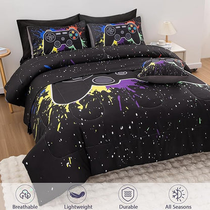 8Pcs Gamer Comforter Set with Sheets for Boys Girls Kids Teens, Colorful Graffiti Gaming Themed Bed in A Bag Queen Size, Black 3D Video Game Controller Bedroom Decor Bedding Set-Black - LeafyLoom