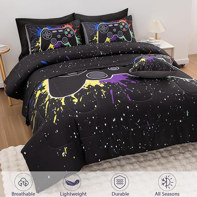 8Pcs Gamer Comforter Set with Sheets for Boys Girls Kids Teens, Colorful Graffiti Gaming Themed Bed in A Bag Twin Size, Black 3D Video Game Controller Bedroom Decor Bedding Set-Black - LeafyLoom