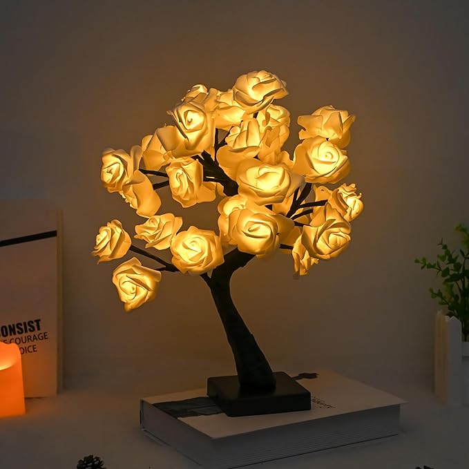 Rose Flower Tree Lamp, Led Rose Table Lamp Gift for Teens Girls Mother Home , Battery Powered, Romantic Tabletop Night Lighting for Bedroom Living Room Party Wedding Valentine's Day Desk Decor - LeafyLoom