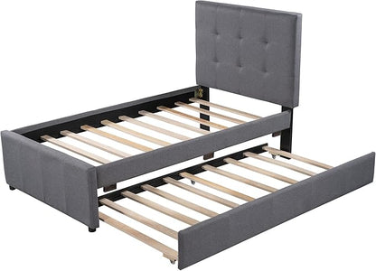 Twin Size Platform Bed, Linen Upholstered Bed Frame with Headboard and Trundle, Wood Slat Support, Gray - LeafyLoom