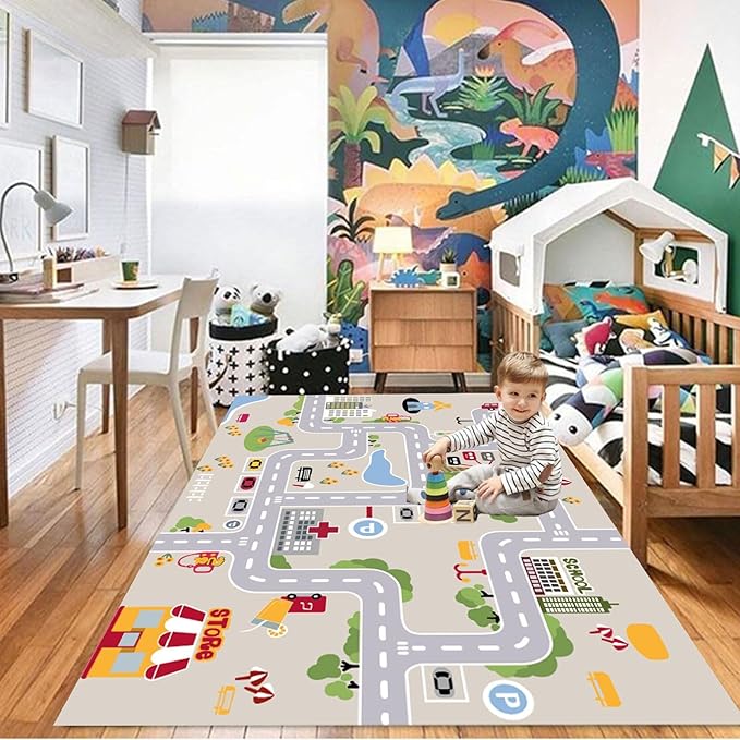 kid rug carpet playmat for toy cars and trains,road traffic kids play area rug,city Life town play Mat for Playroom Bedroom Boys,Children's Educational Fun Throw Rug with Rubber Backing 63X91IN - LeafyLoom