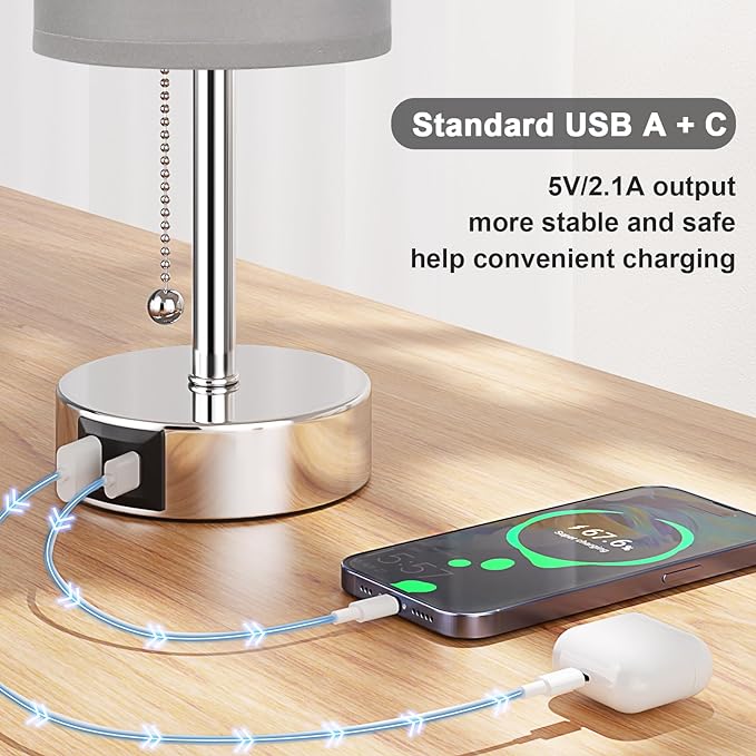 Grey Table Bedside Lamp for Bedroom Nightstand - Small Silver Lamp with USB A + C Charging Port, 3 Color Temperatures Pull Chain Night Stand Light with Bulb, Side Table Desk Lamp for Living Room - LeafyLoom