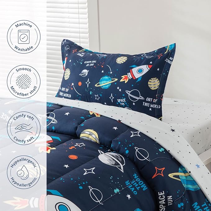 Planet Twin Comforter Set for Boys Girls 4-Piece Rocket Kids Bedding Sets Galaxy Space Stars Bedroom Decor - Include Reversible Comforter, Flat Sheet, Fitted Sheet and Pillowcase - LeafyLoom