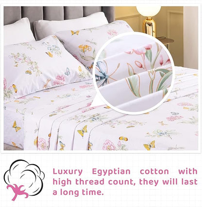 QSH 100% Egyptian Cotton Sheets Full Size Set, Flower Butterfly Plant Pattern Botanical Luxury Cotton Printed Bedding Floral Full Bed Sheets Extra Soft and Breathable 4pcs Deep Pockets Sheets - LeafyLoom