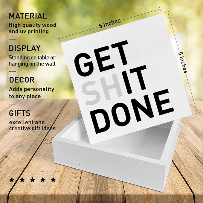 Home Office Desk Wooden Box Sign Decor, Get It Done, Inspirational Quotes Desk Decor Motivational Desk Decorations for Women Men Office - LeafyLoom