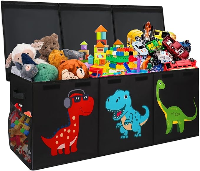 Extra Large Toy Box, Collapsible Sturdy Toy Storage Organizer with Lids, Dinosaur Toy Box for Boys Girls, 41"x14"x16" Kids Toy Chest Bin Box Baskets for Living Room, Playroom, Bedroom, Nursery, Black - LeafyLoom