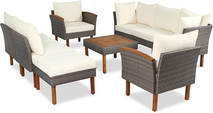 Merax Outdoor Patio Furniture Sets, Free Combination Wicker Sofa, 9-Piece, Rattan w/Wood Tabletop & Legs, Beige - LeafyLoom