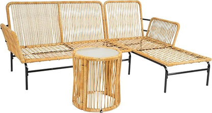 3-Piece Outdoor PE Rattan Furniture Set, Patio Wicker Conversation Loveseat Sofa Sectional Couch with Thick Cushion for Backyard, Deck, Poolside, Zn-Light Yellow - LeafyLoom