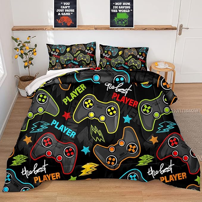 Gaming Comforter for Boys Teen,Game Contoller Bedding Set for Boys Kids,Down Alternative Comforter for All Season,Gamer Home Decor for Boys Comforter Set (Comforter-Game25, Queen) - LeafyLoom