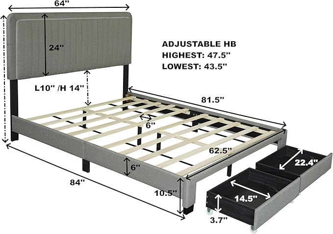 Queen Size Linen Fabric Upholstered Platform Bed with Adjustable LED Headboard and Footboard Drawers,Rubberwood Bed-frame for Bedroom,Guest room,Apartment,No Box Spring Require,Stone Gray - LeafyLoom