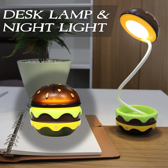 Cute Desk Lamp for Kids, Hamburger Small Boy Desk Lamps Rechargeable with Dimmable Touch Adjustable Neck,Kawaii Desk Lamp Night Light,Boy Desk Accessories Kawaii Room Decor for Boys Girl Gift - LeafyLoom