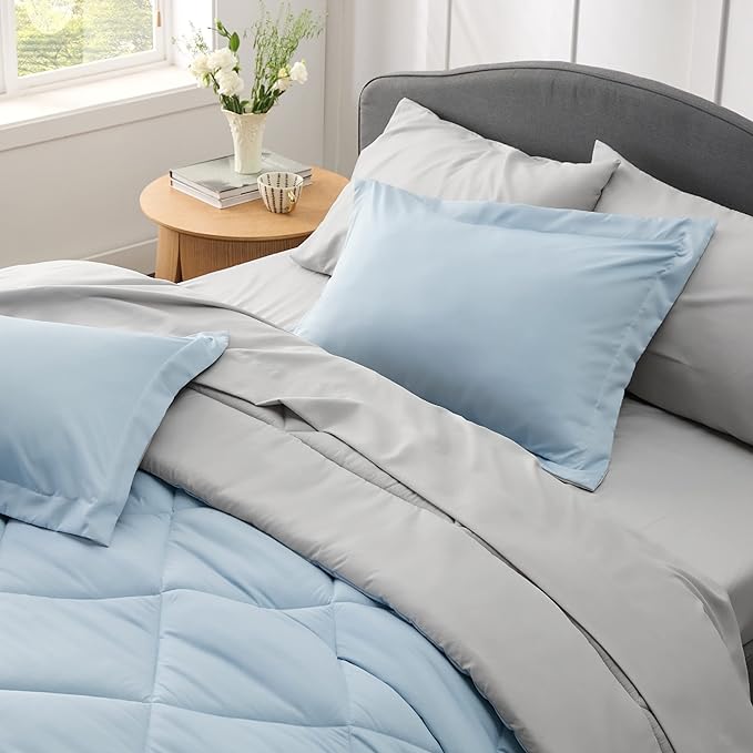 Bedsure Sky Blue Full Size Comforter Set - 7 Pieces Reversible Full Bed in a Bag Full Bed Set with Comforters, Sheets, Pillowcases & Shams, Full Bedding Sets - LeafyLoom