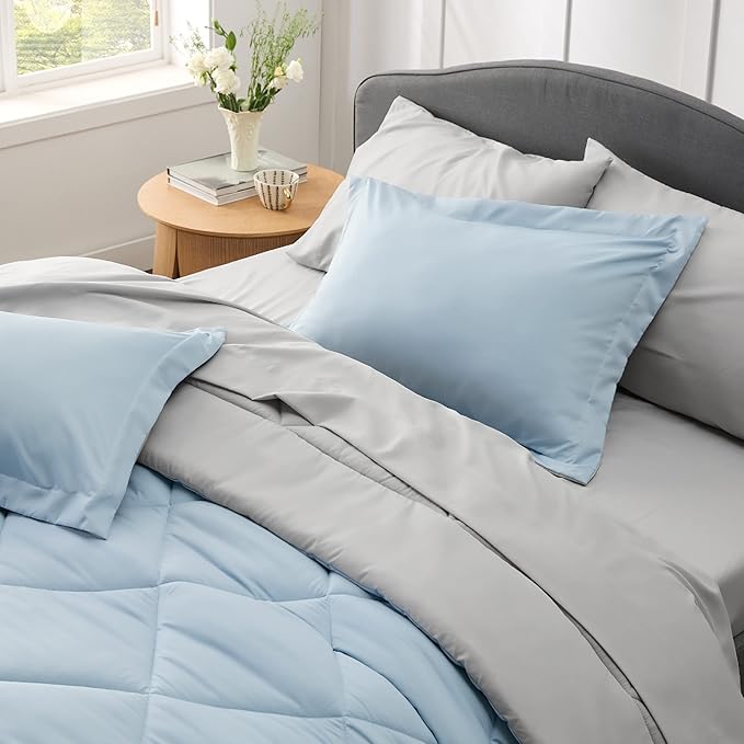 Bedsure Sky Blue King Size Comforter Set - 7 Pieces Reversible King Bed in a Bag King Bed Set with Comforters, Sheets, Pillowcases & Shams, King Bedding Sets - LeafyLoom