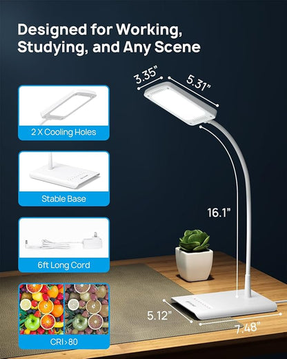 TROND LED Desk Lamp for Home Office, 3 Color Modes 7 Brightness, Dimmable Table Lamp, Eye Caring Reading Light, Gooseneck, Touch Control, 900LM Bright Desk Light for Study Task Dorm Room Essentials - LeafyLoom