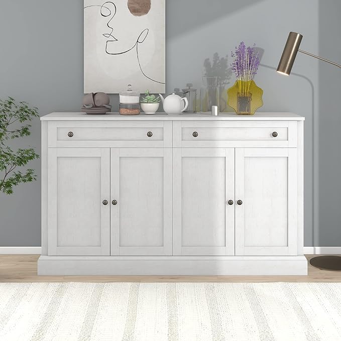 60" Sideboard Storage Buffet Cabinet with 2 Drawers,Wooden Console Table,W/ 4 Doors,Adjustable Shelves,Not Easy to Deform,for Dining Room/Kitchen/Entryway,Antique White - LeafyLoom