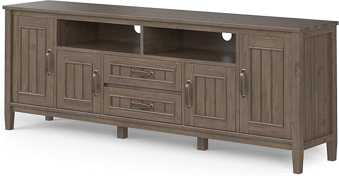 SIMPLIHOME Lev SOLID WOOD 72 Inch Wide Contemporary TV Media Stand in Smoky Brown for TVs up to 80 Inches, For the Living Room and Entertainment Center - LeafyLoom