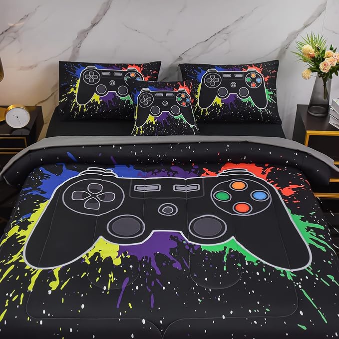 6Pcs Gamer Comforter Set with Sheets for Boys Girls Kids Teens, Colorful Graffiti Gaming Themed Bed in A Bag Twin Size, Black 3D Video Game Controller Bedroom Decor Bedding Set - LeafyLoom