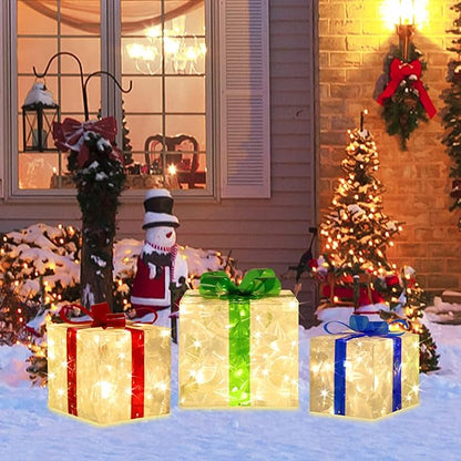 [Large 8.5"x7"x6" Christmas Set of 3 Lighted Gift Boxes Decorations Pre-lit 70 Super-Bright LED with Flashers,for Indoor Outdoor Christmas Tree Skirt Ornament Pathway Holiday Party Home GLOWNOVA