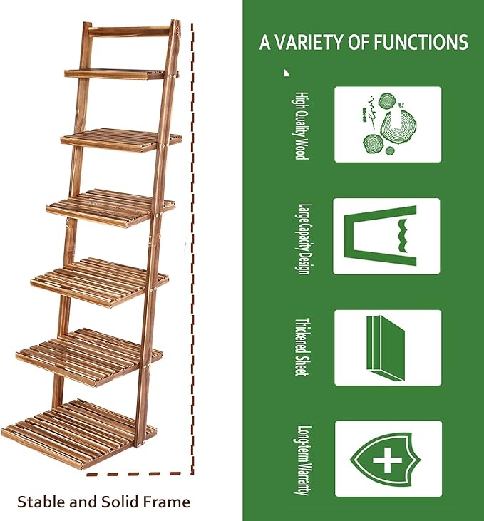 HYNAWIN 6 tier bookshelf ladder shelf-Large Bamboo Storage Shelves Wall Leaning Shelf for Garage, Kitchen, Office,Corner Display Bookcase - LeafyLoom