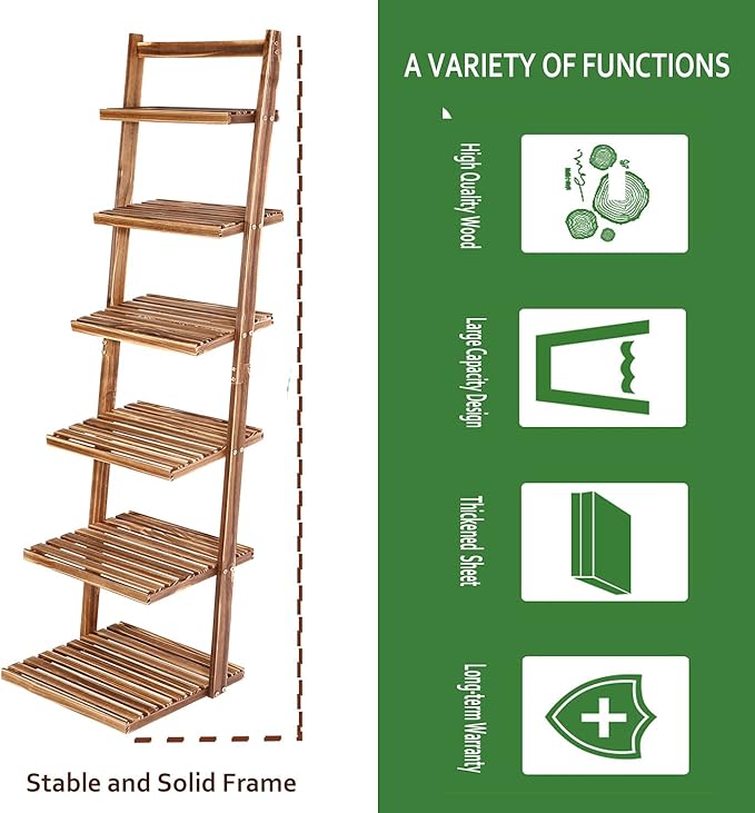 HYNAWIN 6 tier bookshelf ladder shelf-Large Bamboo Storage Shelves Wall Leaning Shelf for Garage, Kitchen, Office,Corner Display Bookcase - LeafyLoom