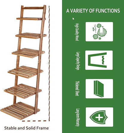 HYNAWIN 6 tier bookshelf ladder shelf-Large Bamboo Storage Shelves Wall Leaning Shelf for Garage, Kitchen, Office,Corner Display Bookcase - LeafyLoom