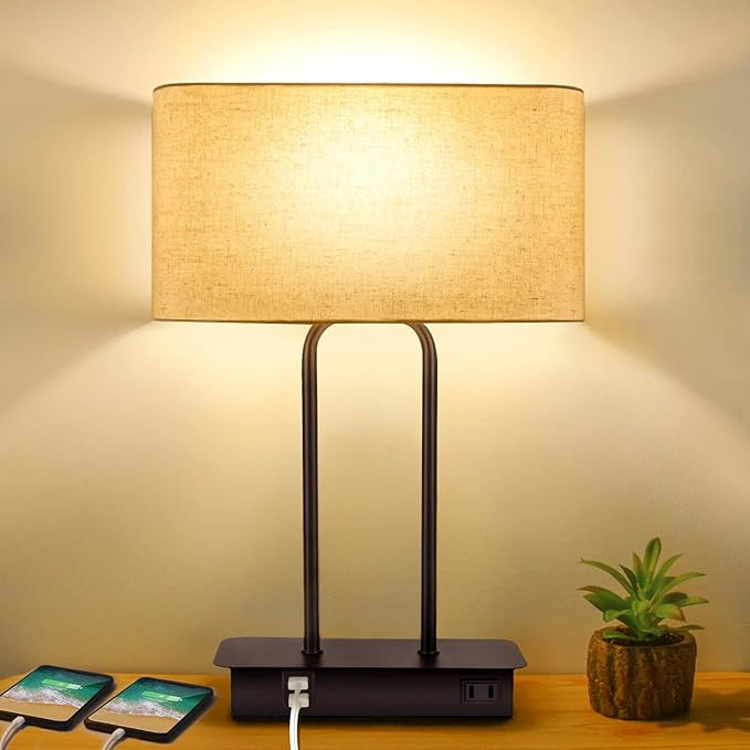 3-Way Dimmable Touch Control Table Lamp with 2 USB Ports and AC Power Outlet Modern Bedside Nightstand Lamp Fabric Shade and Metal Base for Guestroom Bedroom Living Room LED Bulb Included Warm White - LeafyLoom