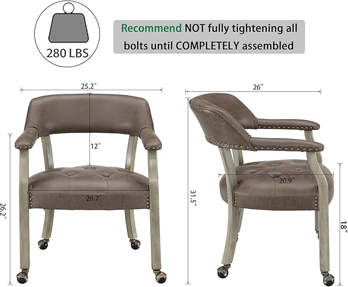 Large Dining Chairs with Casters and Arms, Rolling Dining Chairs with Wheels, Solid Wood Boss Caption's Chairs Office Chairs, 26"D x 25.2"W x 31.5"H, Soft Grey Legs & Dark Brown SY-1318-DK - LeafyLoom