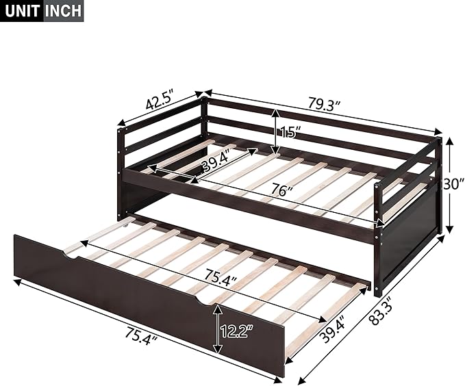 Twin Size Daybed with 2 Trundle,Multifunction Solid Wood Bed Frame,W/Wooden Slat Support,No Box Spring Needed,for Bedroom Apartment,Guest room,Espresso - LeafyLoom