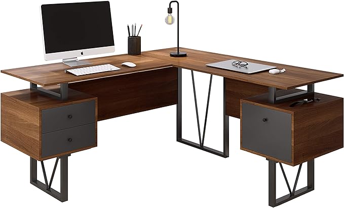 NicBex Laik-DW-00045-DX Desks, 59" W x 57.75" D x 30" H, Walnut - LeafyLoom