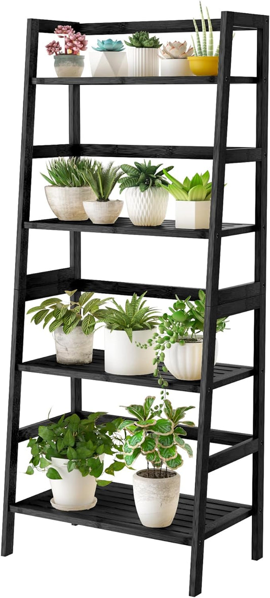 4-Tier Bamboo Bookshelf Ladder Shelf Book Shelf Bookcase Freestanding Storage Rack Plant Stand for Bedroom, Living Room, Bathroom, Small Space, Color Black - LeafyLoom