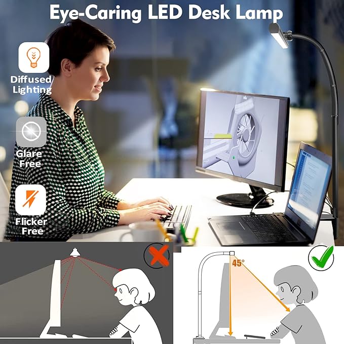 Led Eye-Caring Desk Lights for Home Office, Modern Office Lamp, 12W Dimmable & 5 Color Modes Extra Bright Tall Architect Clamp Lamp for Workbench Monitor Crafting - LeafyLoom