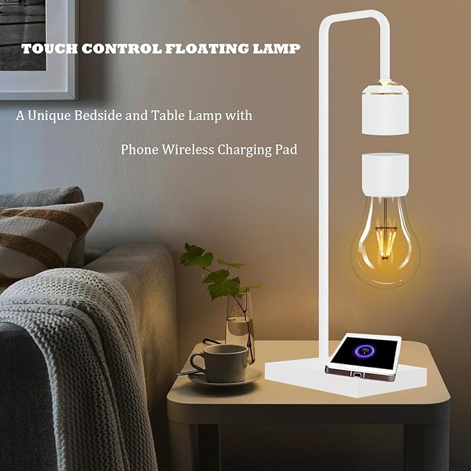 Magnetic Levitating Lamp with Phone Wireless Charging Pad 24.5" Floating White Table Lamp Nightstand Lamp Bedside Lamp White Lamp for Bedrooms & Living Room Christmas Gift Home Decoration - LeafyLoom