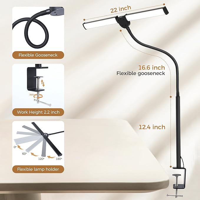 Led Desk Lamp for Home Office, Double Head Desktop Light with Clamp, Remote Control Architect Lamps for Computer Monitor, Read, Study, 25 Lighting Modes, Eye Care, Flexible Gooseneck, Black - LeafyLoom