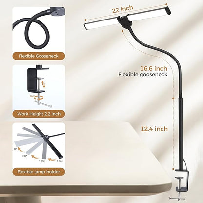 Led Desk Lamp for Home Office, Double Head Desktop Light with Clamp, Remote Control Architect Lamps for Computer Monitor, Read, Study, 25 Lighting Modes, Eye Care, Flexible Gooseneck, Black - LeafyLoom