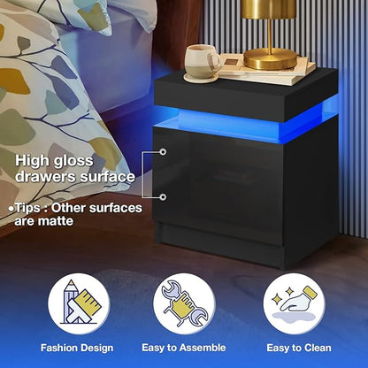 HOMMPA LED Nightstand Black Nightstand with Led Lights Modern Night Stand with 2 High Gloss Drawers Led Bedside Table Smart Nightstand for Bedroom 20.5” Tall - LeafyLoom