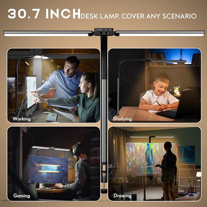 Quntis Desk Lamp for Home Office, 30.7'' Double Head Architect Desk Light with Clamp, 24W Bright 25 Lighting Modes Eye Care No Glare, Adjustable Gooseneck Task Lamp Workbench Reading Study, Gray - LeafyLoom