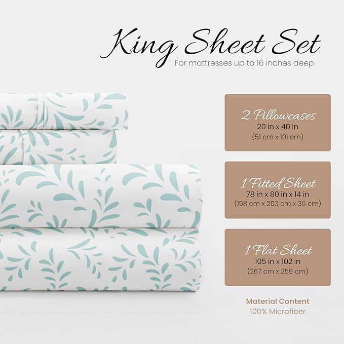 Linen Market 4 Piece King Bedding Sheet Set (Light Blue Vines) - Sleep Better Than Ever with These Ultra-Soft & Cooling Bed Sheets for Your King Size Bed - Deep Pocket Fits 16" Mattress - LeafyLoom