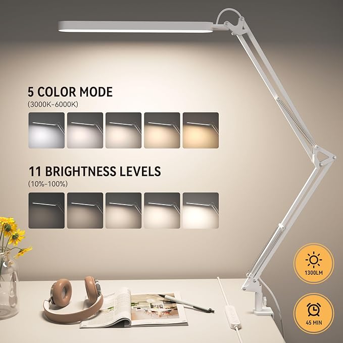 SKYLEO Desk Lamp - 31.5" Desk Light - 5 Color Modes X 11 Brightness Levels - Adjustable Swing Arm - Timmer & Memory Function - 12W Study Lamp - White - LeafyLoom