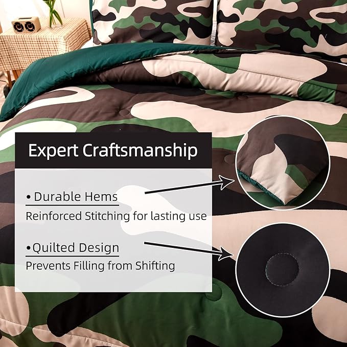 Meeting Story Camouflage Bedding Set, Colorful Pattern Style Comforter Set, 5 PCS One Comforter Two Pillowcases Two Sheets in One Bag, All Season Bedspread for Teens Adults (Green, Full 5Pcs) - LeafyLoom