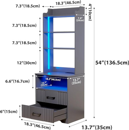 Vlsrka Tall Nightstand with Charging Station, 54" Smart Nightstand with LED Lights, Modern Night Stand with Bookshelf, Bedside Tables with Storage Cabinet for Bedroom, Grey - LeafyLoom