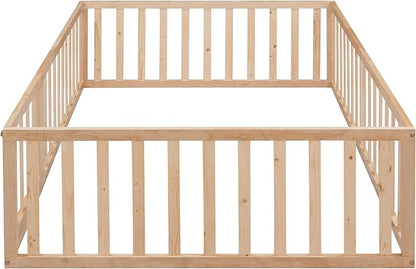 Multifunctional Full Size Floor Bed with Safety Guardrails and Door, Montessori Sturdy Solid Wood Beds Frame, Easy Assembly and No Spring Need, for Boys and Girls Room, Natural - LeafyLoom