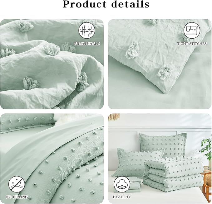 7 Pieces Tufted Dots Bed in a Bag Queen Comforter Set with Sheets Green , Soft and Embroidery Shabby Chic Boho Comforters, Solid Color with Pom Pom Design, Jacquard Tufts Bedding Set for All Season - LeafyLoom