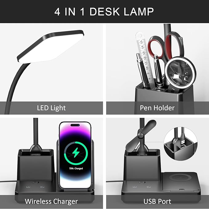 Desk Lamp with Wireless Charger USB Charging Port, Eye-Caring Desk Lamp for Home Office with Pen Holder, Dimmable Table Lamps 3 Color Modes - LeafyLoom