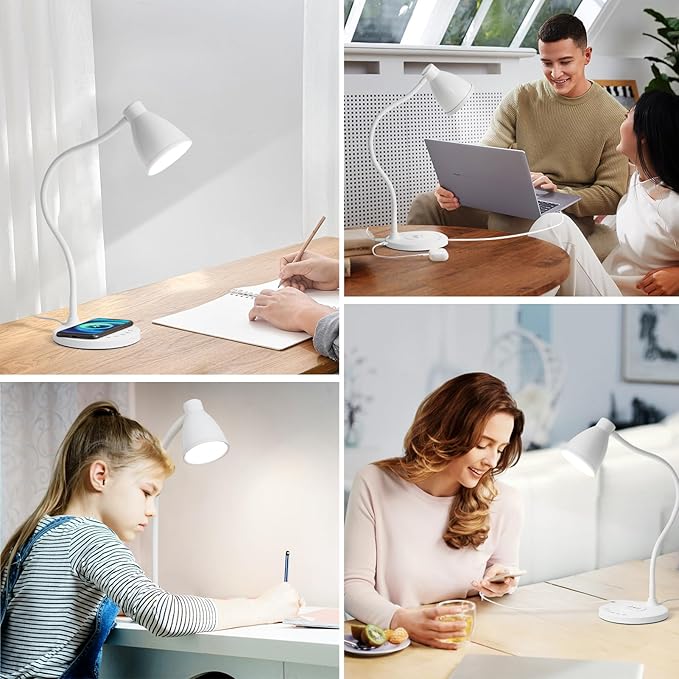 BOHON Desk Lamp for Home Office, LED Desk Light with USB C+A Charging Ports, Wireless Charger, 5 Colors Stepless Dimming Reading Light Timer, Touch Bedside Table Lamp for College Dorm Room White - LeafyLoom