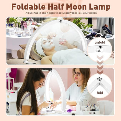 HITTI Half Moon Light for Nail Desk with Phone Holder, Foldable Nail Tech Light, Lash Table Lamp with Wire Controller & Remote, 7 Color Modes 10 Brightness for Extension Tattoo Craft Beauty - White - LeafyLoom