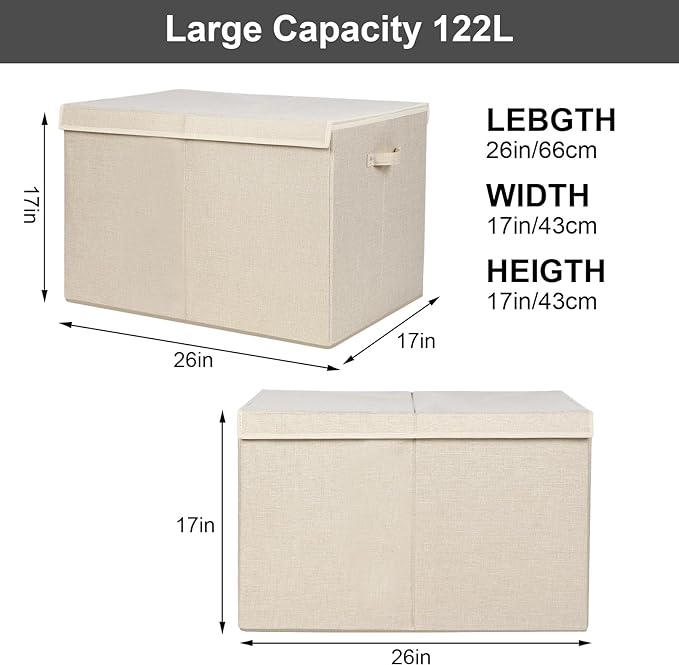 popoly 122L Large Toy Box Chest with Lid, Foldable Toy Storage Organizer Bin Boxes with Removable Divider for Kids, Boys, Girls, Nursery, Playroom, 26"x17" x17" (Linen Beige) - LeafyLoom