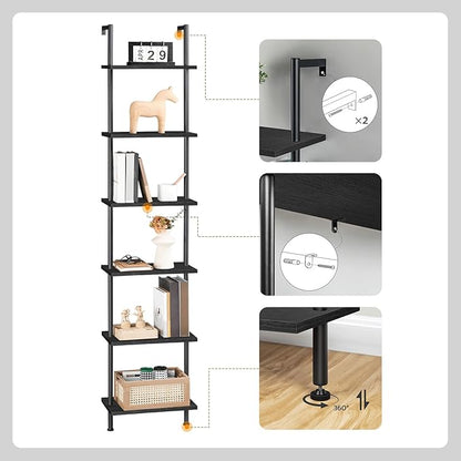 HOOBRO DIY Ladder Shelf, 6-Tier Wooden Wall Mounted Bookshelf, Narrow Bookcase, Display Shelf, Storage Rack, Plant Stand, for Living Room, Bedroom, Study, Balcony, Black BB651CJ01 - LeafyLoom